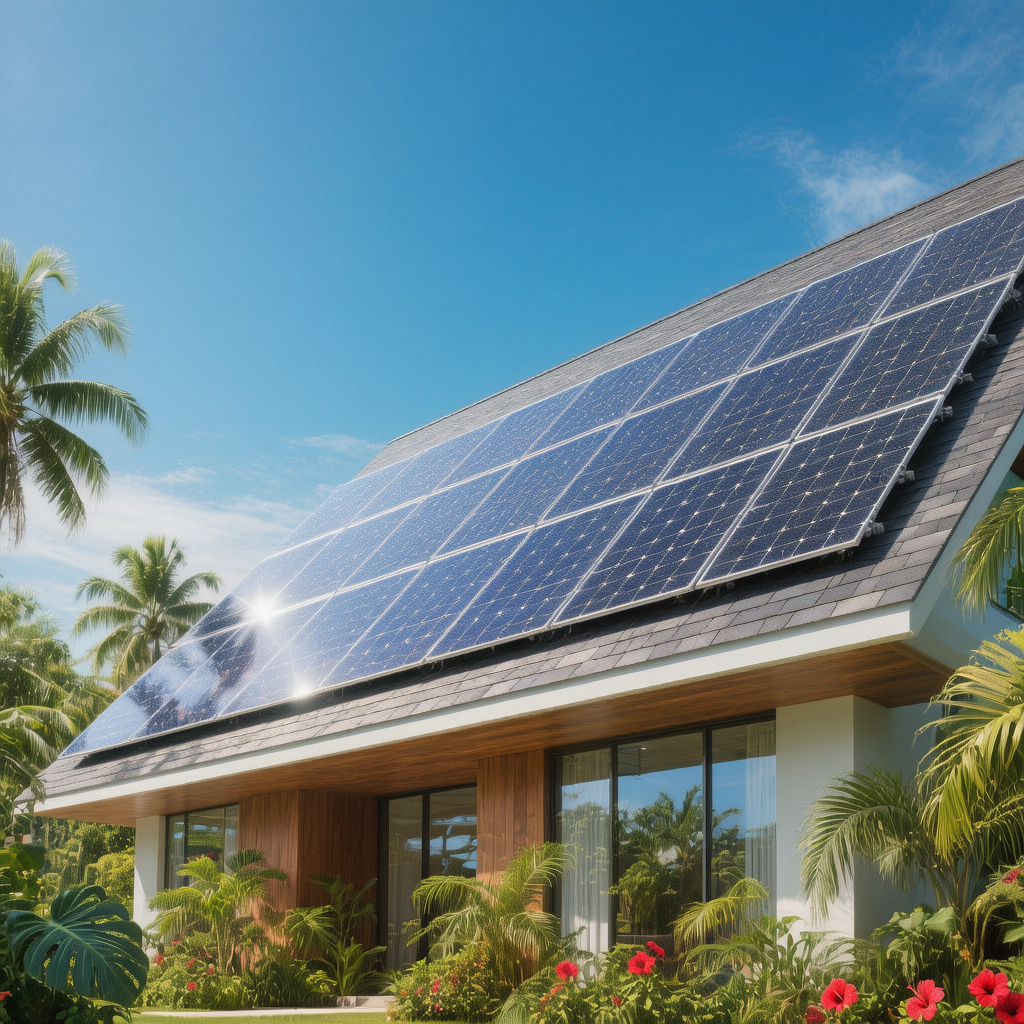 Panneaux solaires installés sur le toit d'une maison tropicale avec ciel bleu